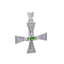 Load image into Gallery viewer, Celtic Knot Cross Pendant with Emerald Claddagh Heart