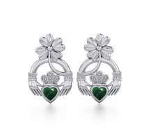 Load image into Gallery viewer, Irish Clover on Claddagh Stud Earrings- Malachite Gem