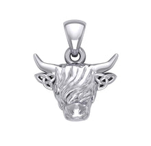 Load image into Gallery viewer, The Highland Cow with Celtic Trinity Knot Ears Silver Pendant