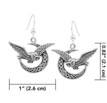 Load image into Gallery viewer, Celtic Owl on Crescent Moon Dangle Earrings- Silver