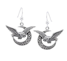 Load image into Gallery viewer, Celtic Owl on Crescent Moon Dangle Earrings- Silver