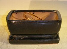 Black Ceramic Bonsai Pot - Rectangle -Professional Series with Attached Humidity/Drip Tray -6.37 x 4.75 x 2.625