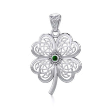 Load image into Gallery viewer, Lucky Celtic Four Leaf Clover Silver Pendant with Emerald