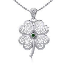 Load image into Gallery viewer, Lucky Celtic Four Leaf Clover Silver Pendant with Emerald