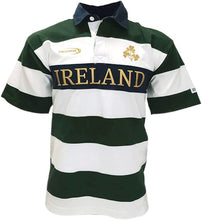 Load image into Gallery viewer, Bottle Green/White/Gold Striped Short Sleeve Rugby Shirt