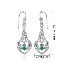 Load image into Gallery viewer, Sterling Silver Emerald Claddagh Heart Dangle Earrings