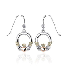 Load image into Gallery viewer, Three Tone Irish Claddagh Dangle Earrings